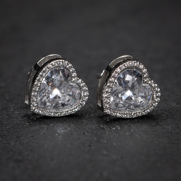 Heart Shaped Womens White Gold 925 Sterling Silver Stud Cz Screw Back Earrings - Picture 5 of 5